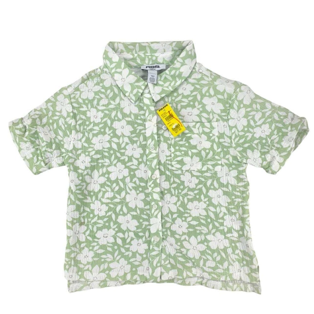 RSQ Youth Medium Green Floral‎ Short Sleeve Button Down Shirt 100% Cotton